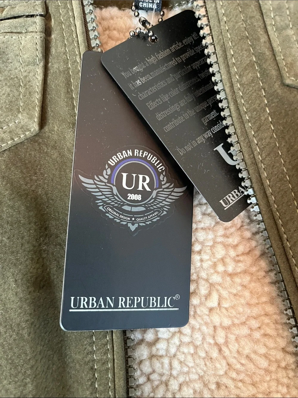 Urban Republic Olive Green Suede-Look Jacket with Gray Hood and Cream Sherpa